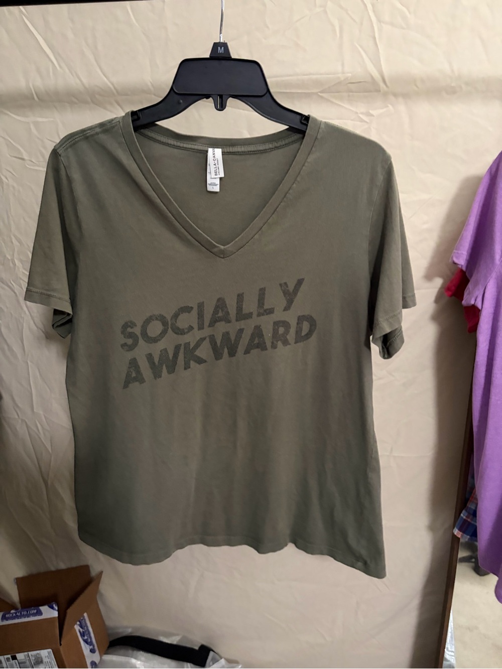 Bella Canvas Olive Green 'Socially Awkward' V-Neck Tee - Picture 2 of 4
